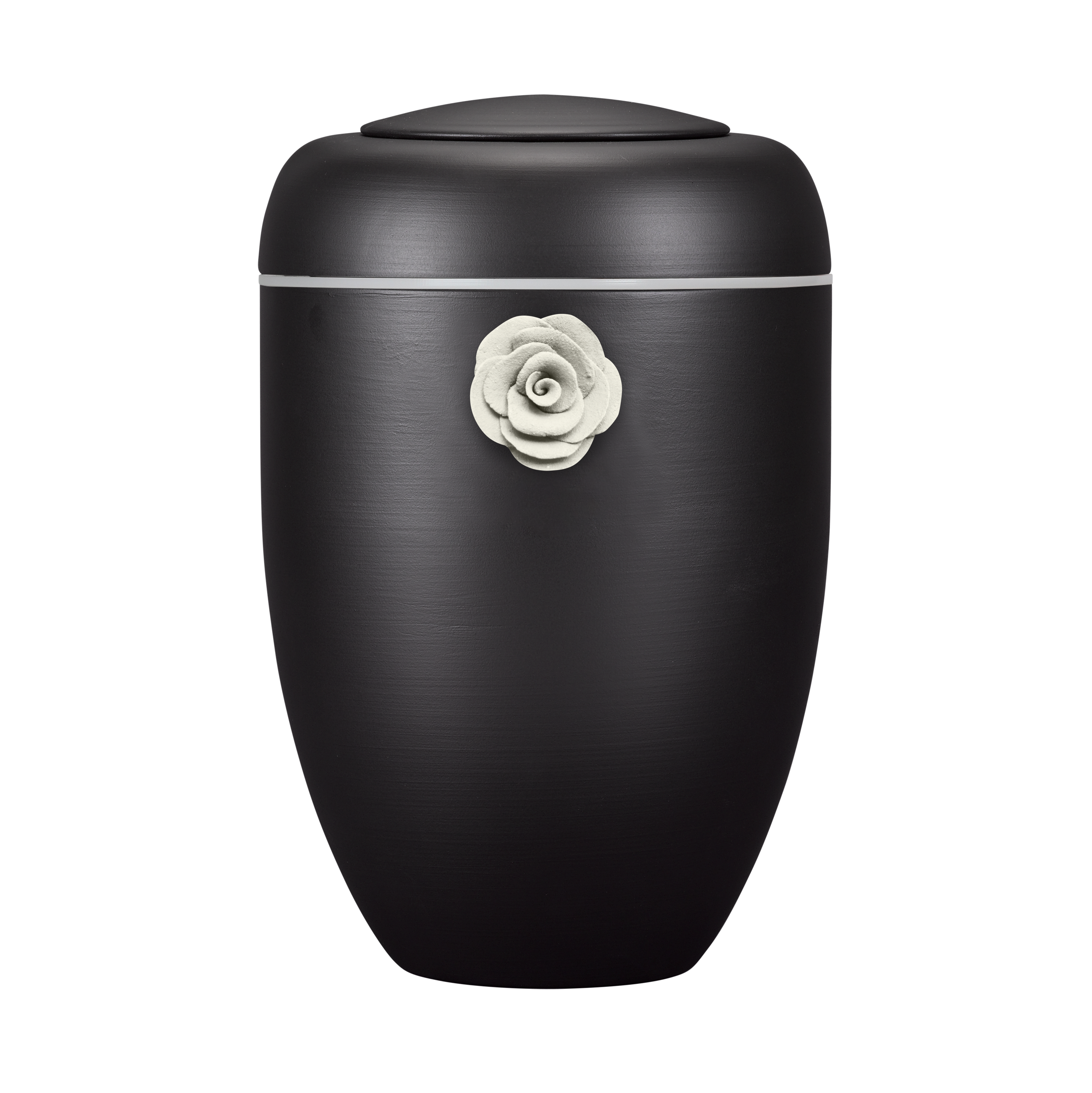 Schwarze Symbol-Urne mit weißer Tonrose und weißer Plexiglasscheibe